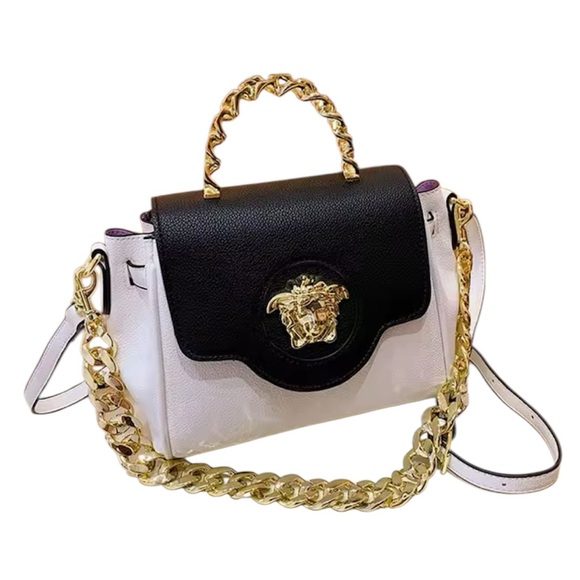 Chic Black and White Satchel with Gold Chain by Versace - Picture 1 of 8